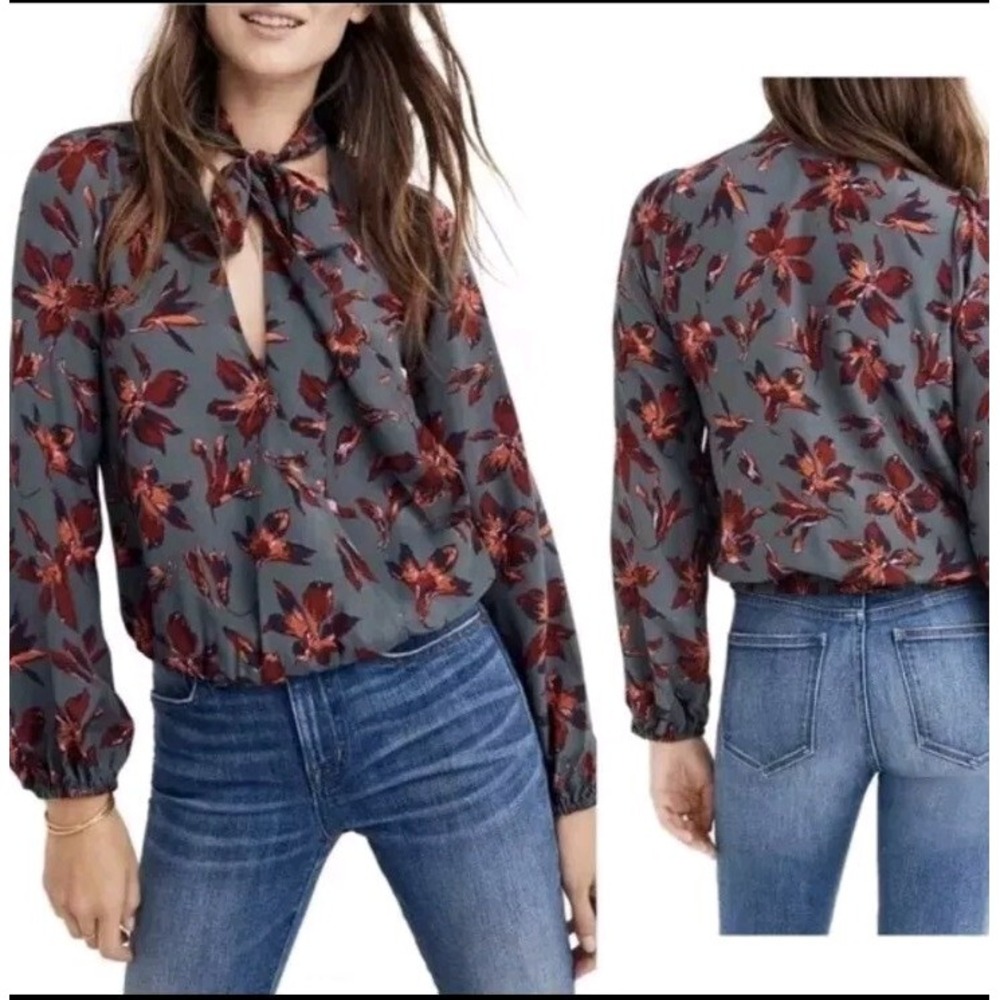 Madewell Silk Tie-Neck Wrap Top in Winter Orchid Long Sleeve Size XS A2